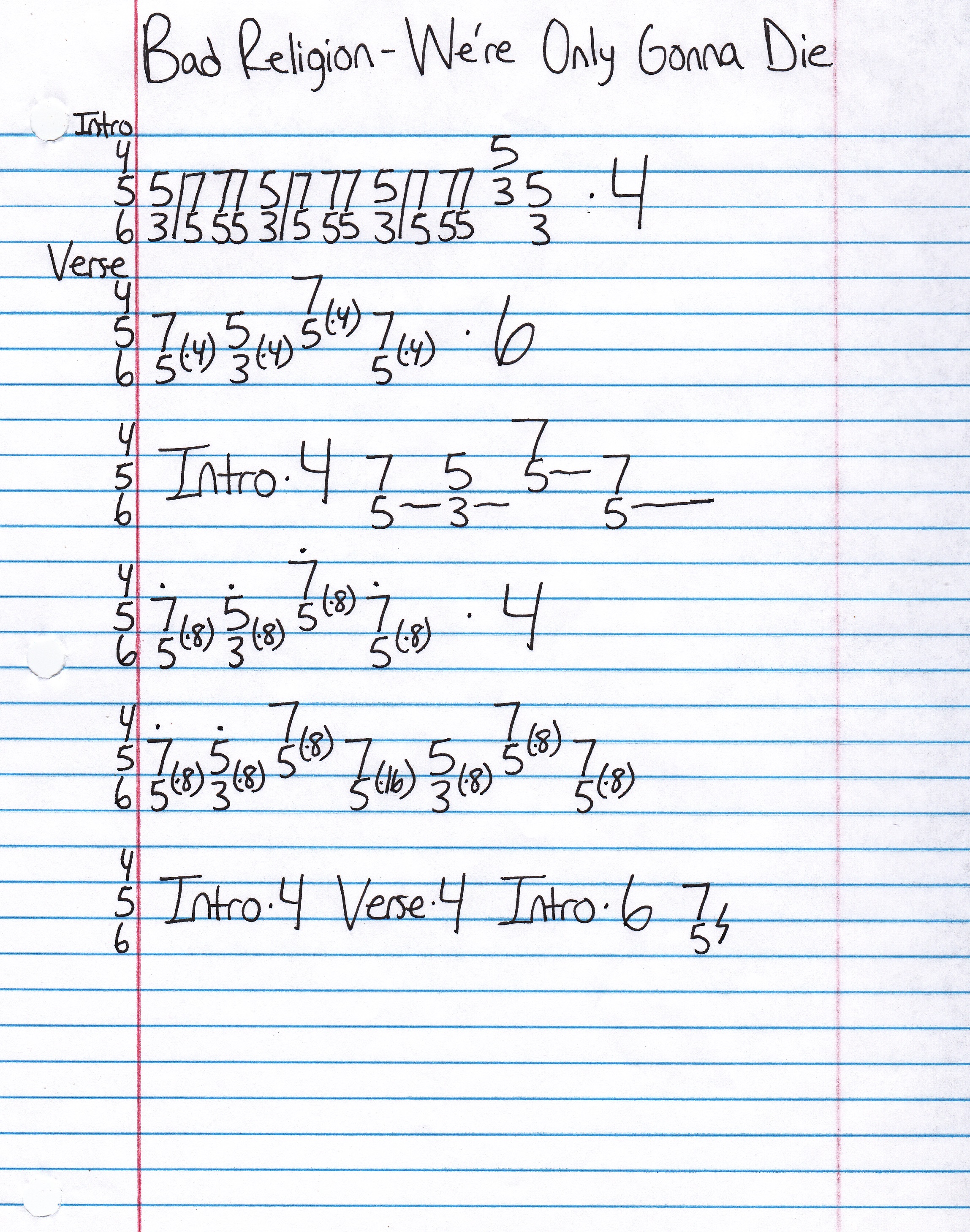 High quality guitar tab for We're Only Gonna Die by Bad Religion off of the album How Could Hell Be Any Worse?. ***Complete and accurate guitar tab!***